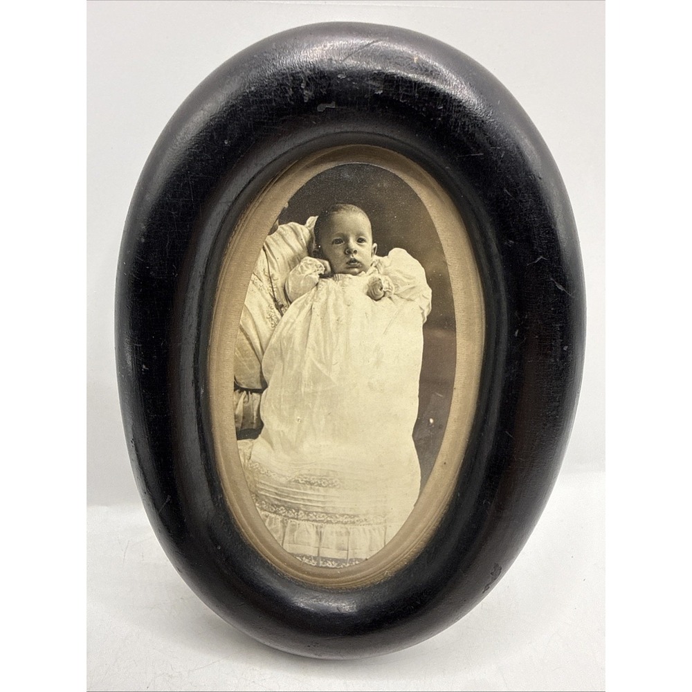 Antique Oval Picture Frame Black Wood Glass Vintage Baby Portrait